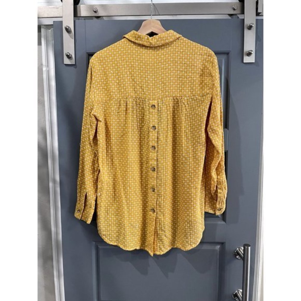 By Anthropologie Mustard Embroidered Stitch Back Button High Low L/S Shirt Small - Picture 4 of 4